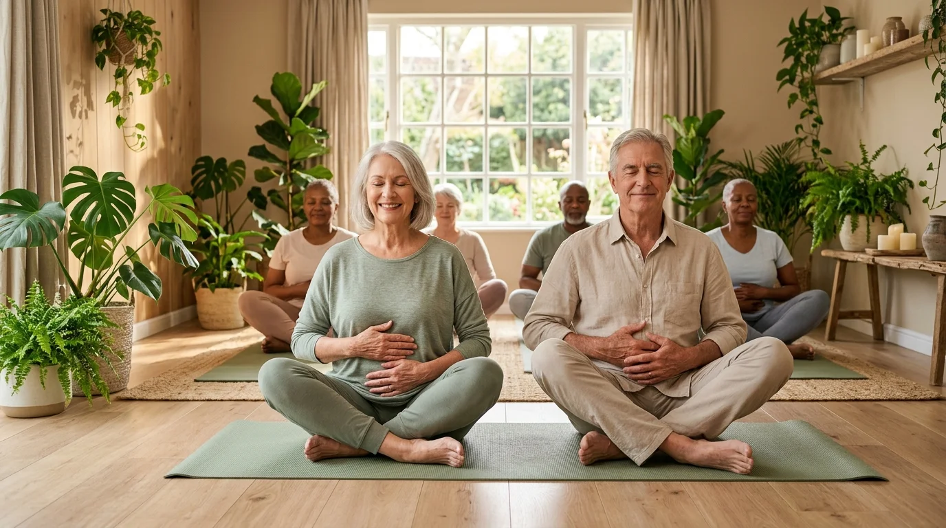 Groupe de seniors souriants pratiquant un exercice de respiration et de relaxation dans une pièce lumineuse